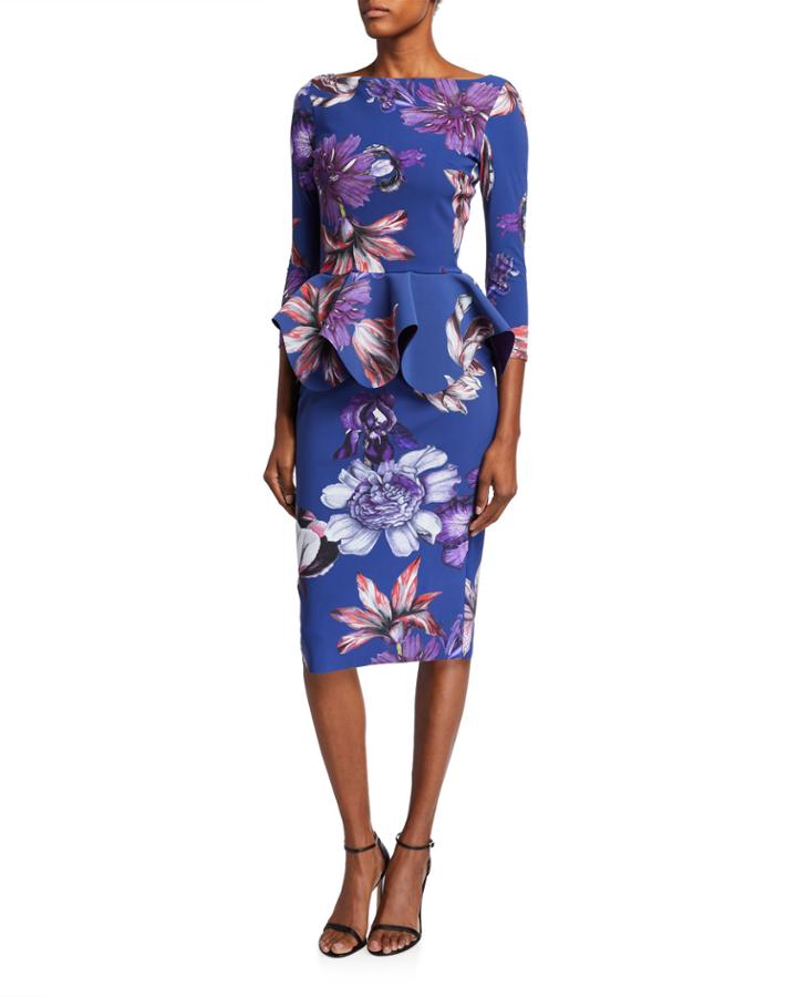 Floral High-neck Long-sleeve Peplum Dress