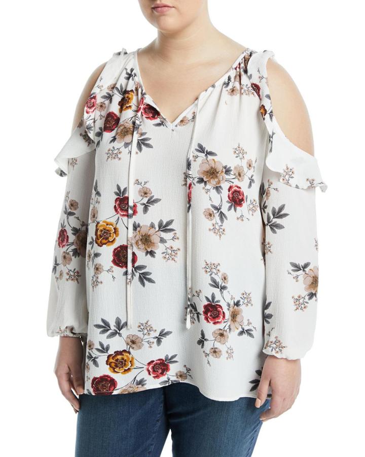Ruffled Cold-shoulder Floral Blouse,