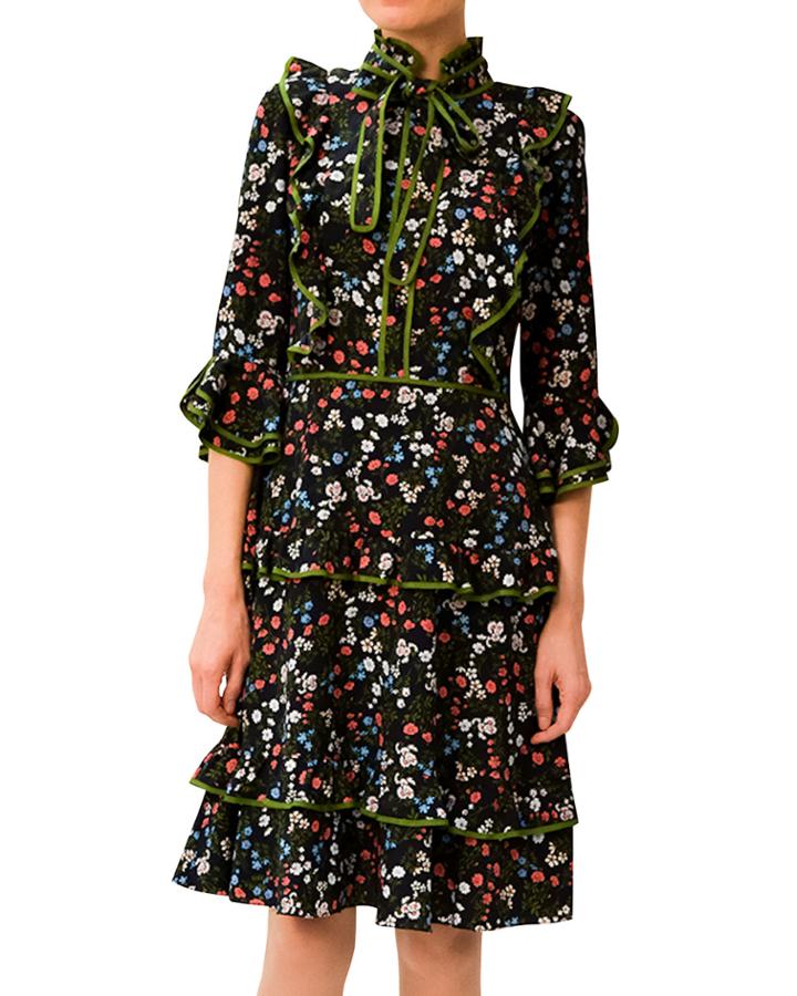 Floral Ruffle-trim Chiffon Dress