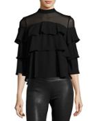 Tiered-ruffle Crepe Blouse, Black