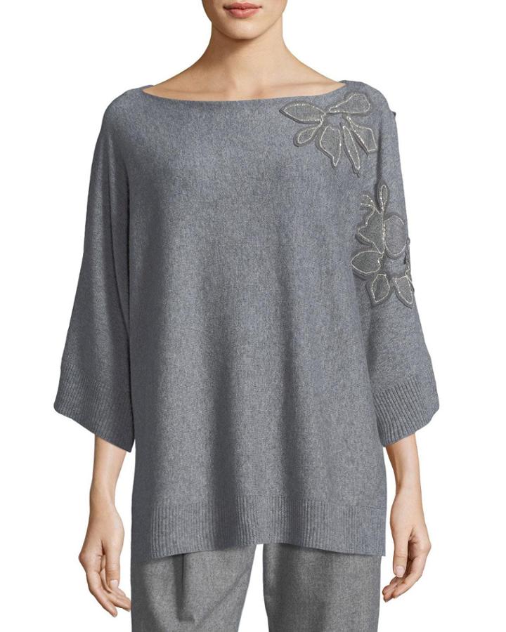 Vanise Luxe Cashmere Sweater W/ Chain-trim Floral Appliqu&eacute;