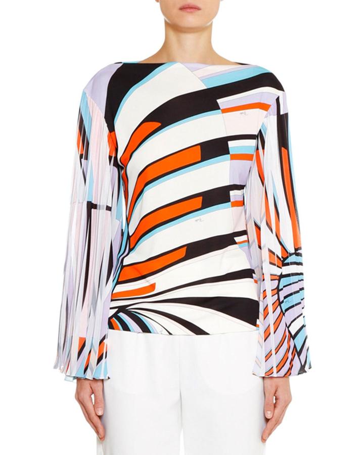 Bateau-neck Pleated-sleeve Top