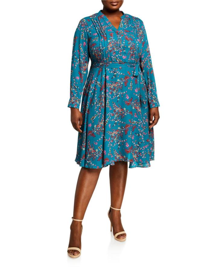 Plus Size Long-sleeve Printed Henley Pintuck Dress