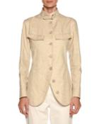 Stand-collar Button-front Coated Linen Utility Jacket