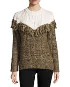 Two-tone Fringed Pullover Sweater, Ivory/brown