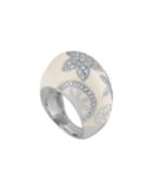 18k White Gold Domed Enamel Ring W/ Diamond Pave, White,