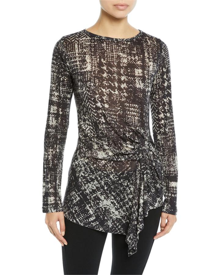 Long-sleeve Plaid Shirred-side Wool Jersey Top