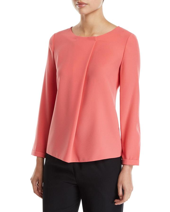 Long-sleeve Pleated-front Tech Cady Blouse