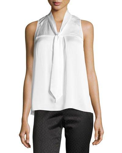 Pleated Tie-neck Top, Warm White
