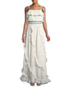 Tonal Embroidered Asymmetric-ruffle Maxi Dress With Pompom Trim