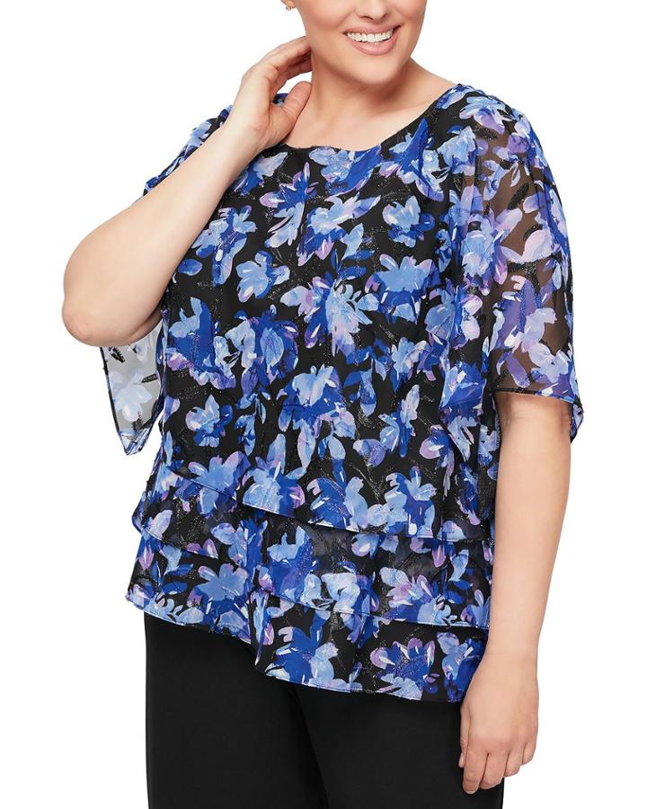 Plus Size Printed 3/4-sleeve Tiered Blouse