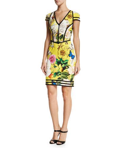 Floral-print Punto Cap-sleeve Dress, Yellow