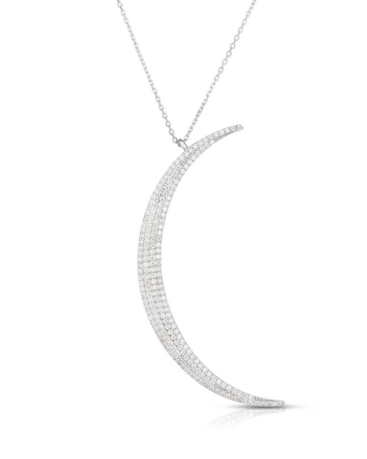 Cubic Zirconia Crescent Moon Pendant Necklace, White