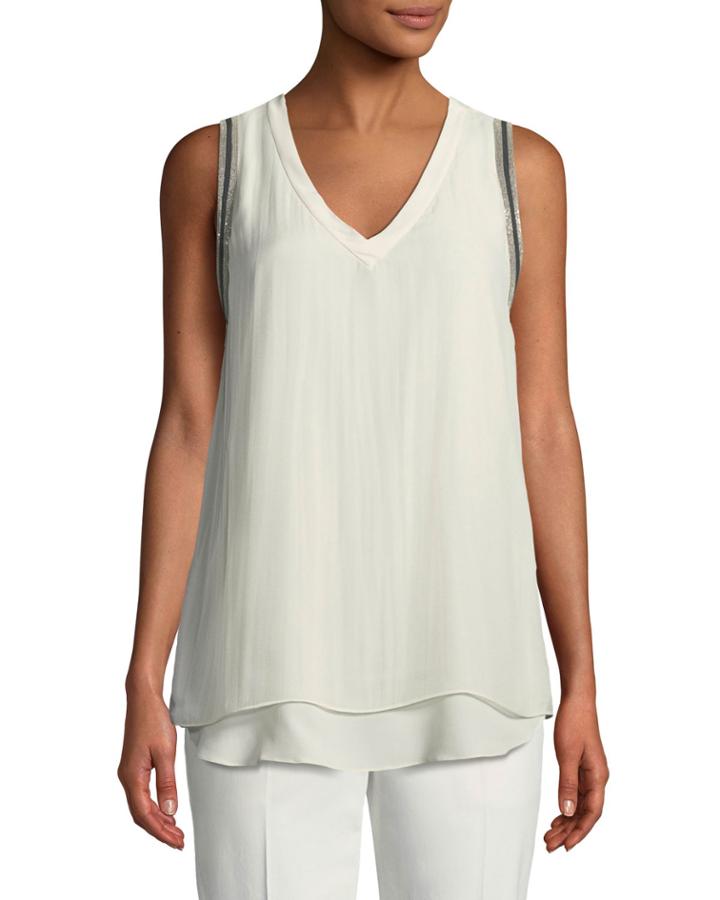 Monili-beaded V-neck Silk Chiffon Tank