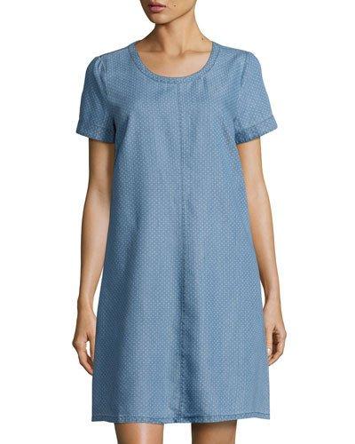 Pin-dot Short-sleeve Shift Dress, Blue