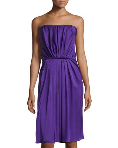Strapless Pleated Silk Dress, Purple