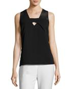 Keyhole Mesh-shoulder Top, Black