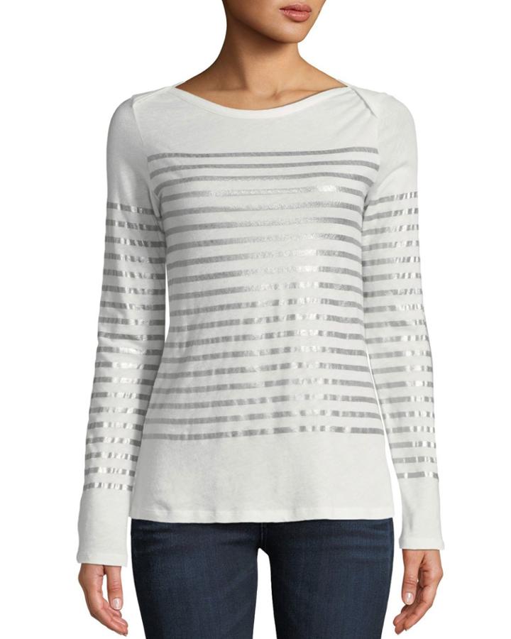 Metallic-stripe Cotton-cashmere Long-sleeve Top