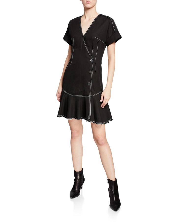 Surplice-neck Short-sleeve Faux-wrap Dress W/ Topstitch Details