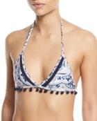 Nina Paisley-print Triangle Swim Top W/ Pompom Trim