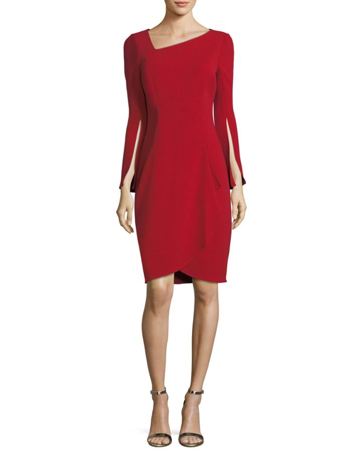 Asymmetric Long-sleeve Slit Cocktail Dress