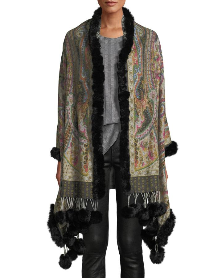Reversible Wool Wrap W/fur Trim And Pompoms