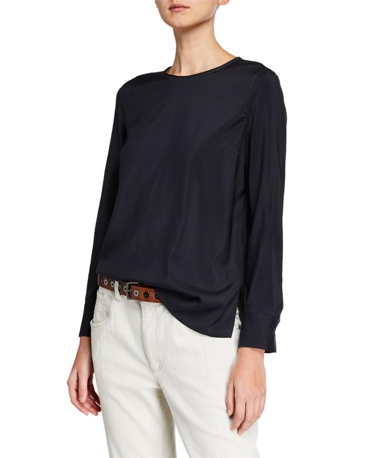Monili-collar Silk Long-sleeve Top