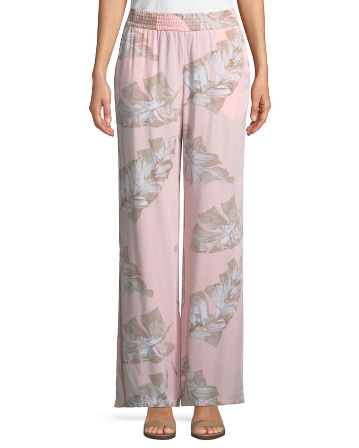 Linen-blend Wide-leg Leaf-pattern Pants