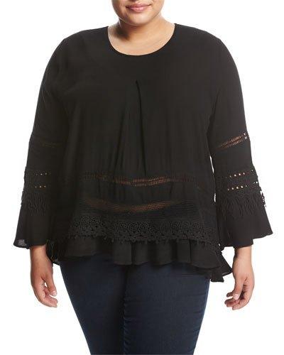 Lace-inset Bell-sleeve Top, Black,