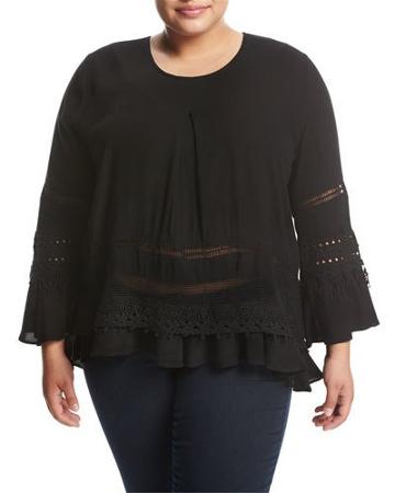 Lace-inset Bell-sleeve Top, Black,