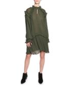 Crinkle Drop-waist Long-sleeve Ruffle Dress