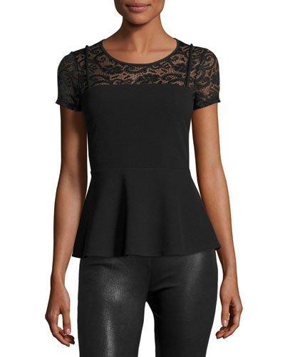 Lace-yoke Short-sleeve Peplum Tee, Black