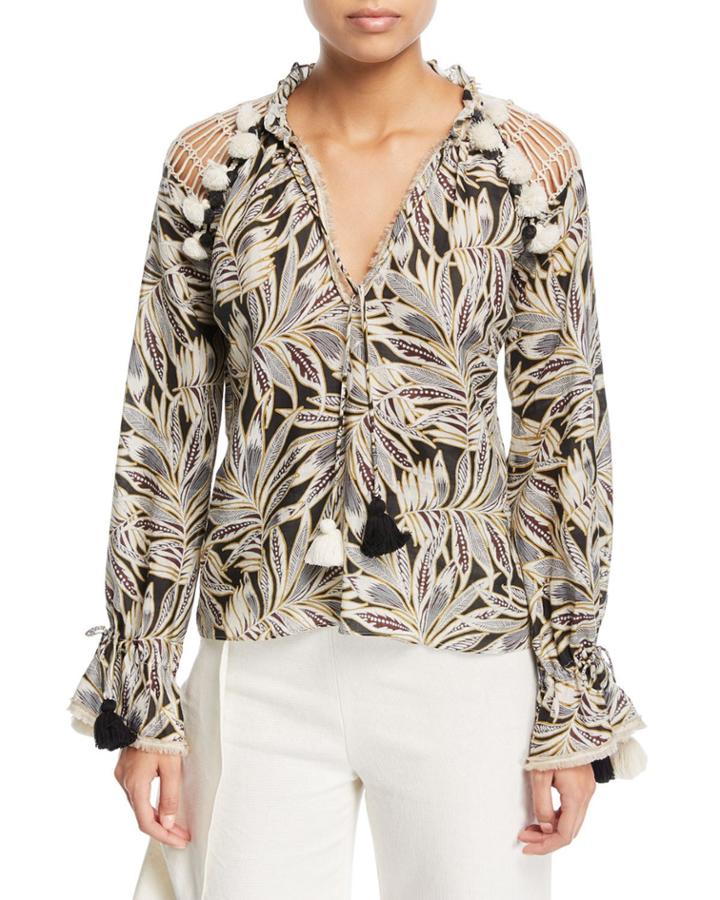 Seila Split-neck Long-sleeve Palm-print Top