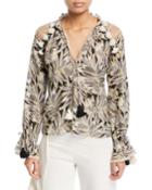 Seila Split-neck Long-sleeve Palm-print Top
