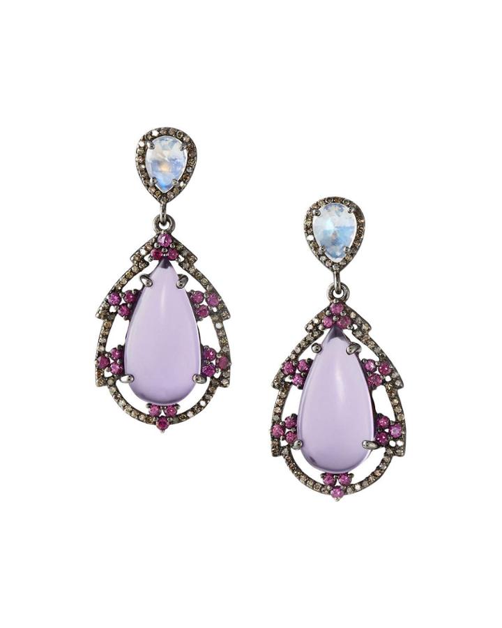 Multicolor Labradorite Teardrop Earrings W/ Pink Tourmaline