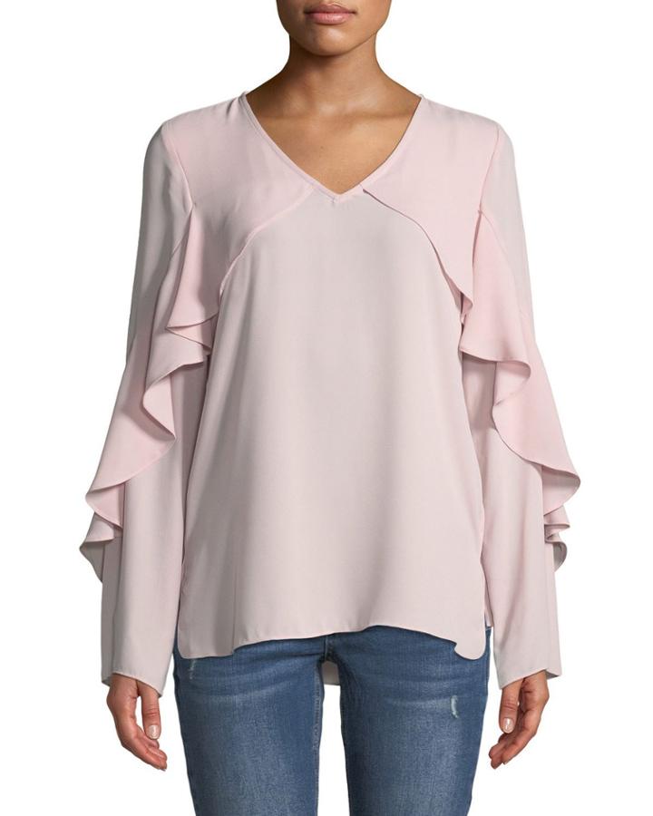 Cascading-ruffle Front V-neck Blouse