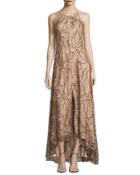 Floral-embroidered High-low Gown, Brown