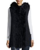 Hooded Knit Feather-trim Vest, Blue