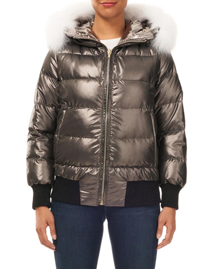 Reversible Quilted Puffer Bomber Jacket W/ Detachable Fox Hood Trim