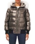 Reversible Quilted Puffer Bomber Jacket W/ Detachable Fox Hood Trim