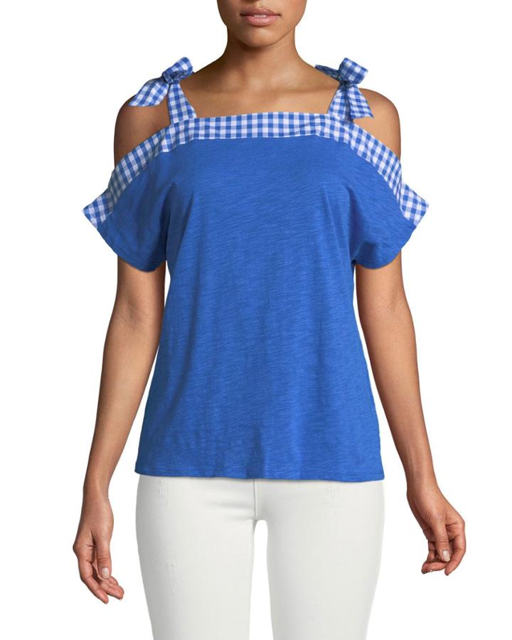 Cold-shoulder Gingham-bow Jersey Tee