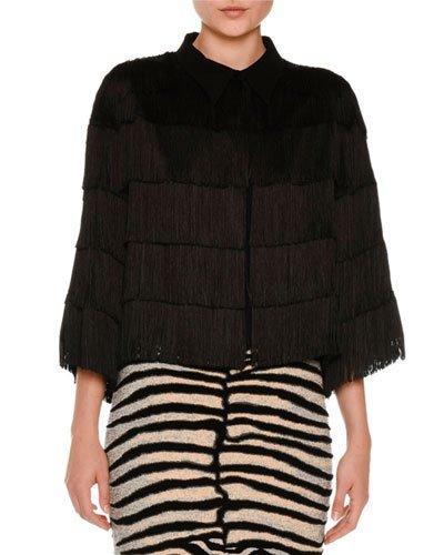 Tiered Fringe 3/4-sleeve Blouse, Black