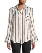 Striped Wide-sleeve Button Front Blouse