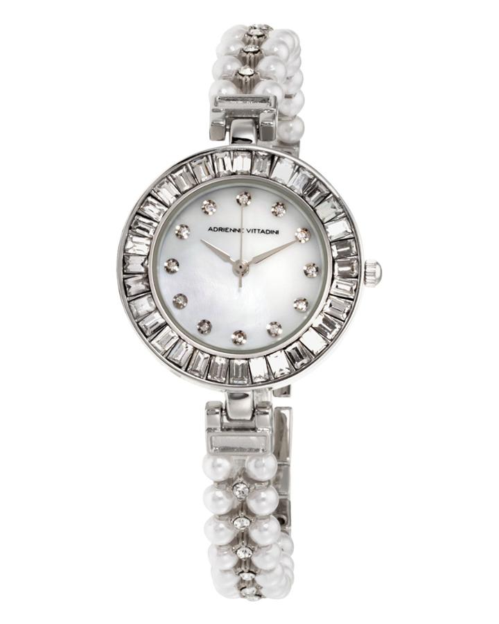 30mm Crystal Watch W/ Pearly Strap, White/steel