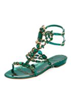 Emily Jeweled Flat Sandals, Emerald