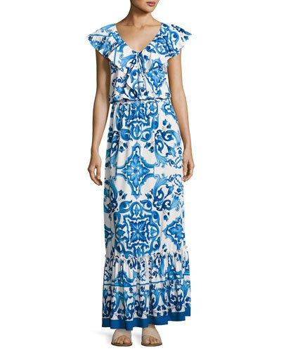 Tile-print Ruffled Maxi Dress, Blue Pattern