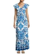 Tile-print Ruffled Maxi Dress, Blue Pattern