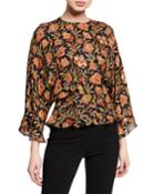 Short-sleeve Indian Floral Print Ruffled Blouse