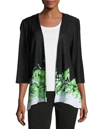 3/4-sleeve Open-front Knit Jacket, Black/green