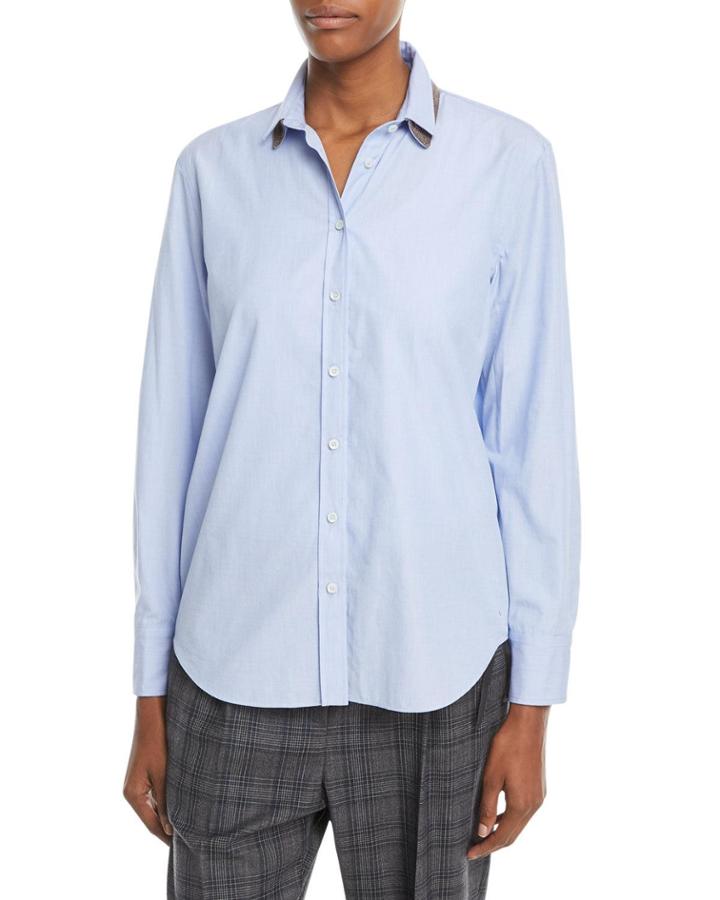 Button-down Long-sleeve Chambray Blouse W/